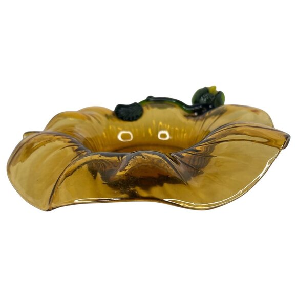 Hand Blown Art Glass Bowl Attached Flower Gold Green 9.5 Inch Ruffled Edge - Picture 6 of 8